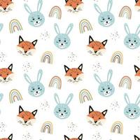 Rabbit, fox and rainbow. Seamless pattern. Cute baby print. Vector illustration