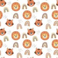 Tiger, lion and rainbows. Seamless pattern. Cute baby print. Vector illustration