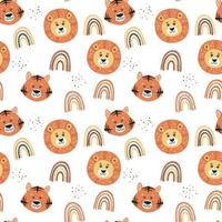 Tiger, lion and rainbows. Seamless pattern. Cute baby print. Vector illustration