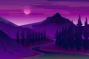 noche de paisaje de montaña con ilustración plana de carretera vector