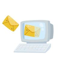 Retro computer. Sending and receiving an email. vector