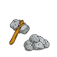 Stone hammer on stick. Subject of caveman. Prehistoric hunting weapon. vector