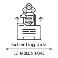 Extracting data linear icon. Robot retrieving electronic file from folder. RPA. Using cloud service. Thin line illustration. Contour symbol. Vector isolated outline drawing. Editable stroke