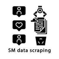 SM data scraping glyph icon. RPA. hat history archiving. Cloud storage automatic cleaning. Robot scraping social media data. Silhouette symbol. Negative space. Vector isolated illustration