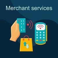 Merchant services flat concept vector icon. NFC technology idea cartoon color illustrations set. Cashless payment. POS terminal purchase. E-payment. NFC credit card. Isolated graphic design element