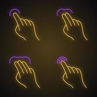 Touchscreen gestures neon light icons set. Tap, point, click, double tap, drag, double click gesturing. Touch and hold. Human fingers. Glowing signs. Vector isolated illustrations