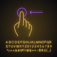 Horizontal scroll left gesturing neon light icon. Touchscreen gesture. Tap, point, click. Using sensory devices. Glowing sign with alphabet, numbers and symbols. Vector isolated illustration