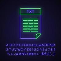 TXT file neon light icon. Text file format. Unformatted text document. Glowing sign with alphabet, numbers and symbols. Vector isolated illustration