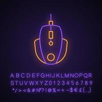 Gaming mouse neon light icon. Esports equipment. Player digital device. High-speed computer manipulator. Glowing sign with alphabet, numbers and symbols. Vector isolated illustration
