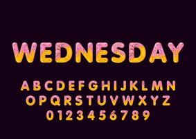 Donut cartoon wednesday biscuit bold font style. Glazed capital letters, alphabet, number. Tempting flat design typography. Cookies letters. Eggplant background. Pastry, bakery isolated vector clipart