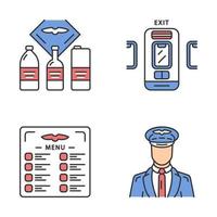 Aviation services color icons set. Flight menu and drinks, pilot, jet safeness, emergency exit. Aircraft travel. Journey amenity. Airline facilities. Isolated vector illustrations