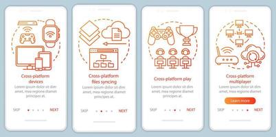 Cross platform multiplayer onboarding mobile app page screen vector template. Online, cloud gaming. Walkthrough website steps with linear illustrations. UX, UI, GUI smartphone interface concept