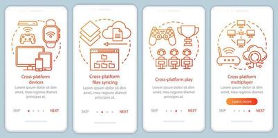 Cross platform multiplayer onboarding mobile app page screen vector template. Online, cloud gaming. Walkthrough website steps with linear illustrations. UX, UI, GUI smartphone interface concept