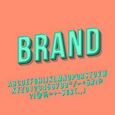 Brand vintage 3d vector lettering. Retro bold font, typeface. Pop art stylized text. Old school style letters, numbers, symbols pack. 90s, 80s poster, banner typography design. Coral color background