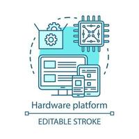 plataforma de hardware, icono del concepto de tecnología informática. componentes de la computadora que prueban la idea del software ilustración de línea delgada. industria informática, programación. dibujo de contorno aislado vectorial. trazo editable vector