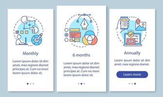 suscripción al editor de fotos que incorpora la pantalla de la página de la aplicación móvil con conceptos lineales. tarifa mensual, anual. instrucciones gráficas de tres pasos de recorrido. ux, ui, plantilla vectorial gui con ilustraciones vector