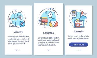 Photo editor subscription onboarding mobile app page screen with linear concepts. Monthly, annually tariff. Three walkthrough steps graphic instructions. UX, UI, GUI vector template with illustrations
