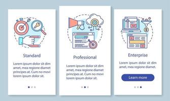 suscripción a la herramienta de palabras clave seo que incorpora la pantalla de la página de la aplicación móvil con conceptos lineales. tarifa estándar. instrucciones gráficas de cuatro pasos de recorrido. ux, ui, plantilla vectorial gui con ilustraciones vector