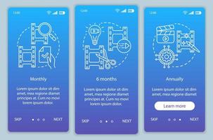 Video editor subscription onboarding mobile app page screen vector template. Walkthrough website steps with linear illustrations. Monthly or annually tariffs. UX, UI, GUI smartphone interface concept
