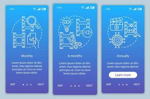 plantilla de vector de pantalla de página de aplicación móvil de incorporación de suscripción de editor de video. paso a paso del sitio web con ilustraciones lineales. tarifas mensuales o anuales. ux, ui, concepto de interfaz de teléfono inteligente gui