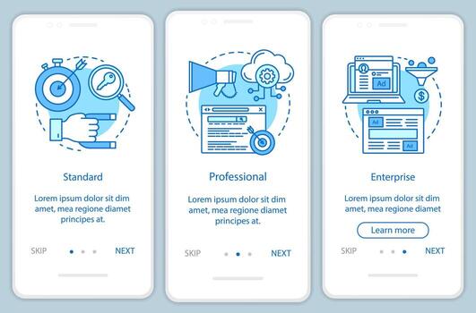 CRM subscription onboarding mobile app page screen with linear concepts. Three walkthrough steps graphic instructions. Standard or professional tariffs. UX, UI, GUI vector template with illustrations
