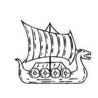 Drakkar Viking ship. Medieval military boat with sails and shields. vector