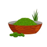 Spirulina in bowl. Green seaweed on plate. vector