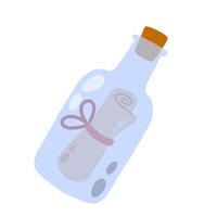 mensaje en botella. carta y nota pirata. vidrio azul. ilustración de dibujos animados aislado en blanco vector