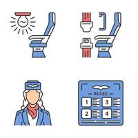 Aviation services color icons set. Flight rules, seat light, airplane comfortable seating, stewardess. Jet safeness. Aircraft travel. Journey amenity. Airline facilities. Isolated vector illustrations