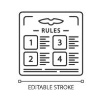 icono lineal de reglas de vuelo. mesa con estatuto. ajuste del avión. seguridad del avión. Normas de seguridad de los aviones. ilustración de línea delgada. símbolo de contorno dibujo de contorno aislado vectorial. trazo editable vector