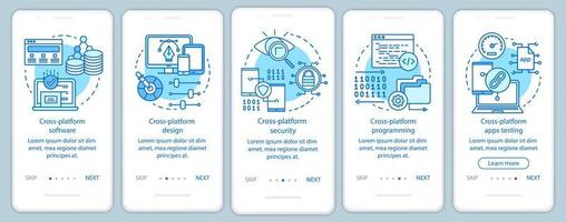 plantilla de vector de pantalla de página de aplicación móvil de incorporación de aplicaciones multiplataforma. software de seguridad cibernética. paso a paso del sitio web con ilustraciones lineales. ux, ui, concepto de interfaz de teléfono inteligente gui