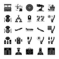 Aviation services glyph icons set. Airplane comfortable seating. Passengers at plane salon. Jet safeness. Aircraft travel. Journey amenities. Silhouette symbols. Vector isolated illustration