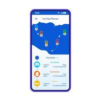 plantilla de interfaz de teléfono inteligente del planificador de viaje por carretera. diseño de la aplicación móvil de navegación gps. planificación de rutas de automóviles, destino, pantalla de búsqueda de ubicación. aplicación de itinerario de viaje interfaz de usuario plana. pantalla del teléfono vector