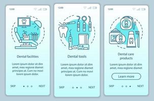 Dental stuff onboarding mobile app page screen with linear concepts. Dental facilities, tools, care products walkthrough steps graphic instructions. UX, UI, GUI vector template with illustrations