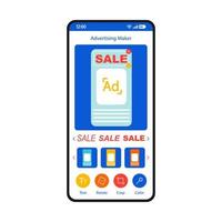 Advertising maker smartphone interface template. Flyer, leaflet creator mobile app page layout. Banner generator. Online ads design application flat UI. Digital marketing tool screen. Phone display vector