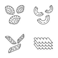 conjunto de iconos lineales de tipos de fideos de pasta. macarrones mediterráneos. conchas, codos, penne, láminas de lasaña. cocina italiana. símbolos de contorno de línea delgada. ilustraciones aisladas de contorno vectorial. trazo editable vector