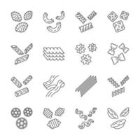 Pasta noodles linear icons set. Italian traditional macaroni. Shaped, dried dough products. Assortment of groceries. Thin line contour symbols. Isolated vector outline illustrations. Editable stroke