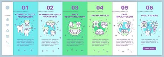 Dental clinic services onboarding mobile web pages vector template. Dentistry. Responsive smartphone website interface idea with linear illustrations. Webpage walkthrough step screens. Color concept