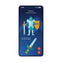 VR game smartphone interface vector template. Mobile app page blue design layout. Virtual reality gaming, tournament screen. Flat UI for application. Knight duel simulator. Hero play. Phone display