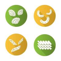 Pasta noodles flat design long shadow glyph icons set. Different Mediterranean macaroni. Shells, elbows, penne, lasagne sheets. Traditional Italian cuisine. Vector silhouette illustration