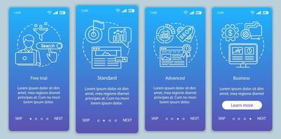 SEO keyword tool subscription onboarding mobile app page screen vector template. Walkthrough website steps with linear illustrations. Standard tariff. UX, UI, GUI smartphone interface concept