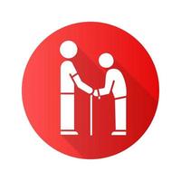 Elderly people help flat design long shadow glyph icon. Volunteer responsibility for old people. Caring about old parents. Man holds senior by hands. Vector silhouette illustration