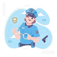 linda chica policía sosteniendo fondo de esposas vector