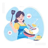 happy housewife character cooking background vector