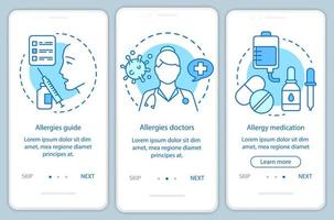 Allergy medical help onboarding mobile app page screen with linear concepts. Allergies guide, doctors, medication walkthrough steps graphic instructions. UX, UI, GUI vector template with illustrations