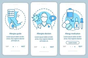 Allergy medical help onboarding mobile app page screen with linear concepts. Allergies guide, doctors, medication walkthrough steps graphic instructions. UX, UI, GUI vector template with illustrations