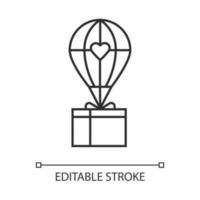 Humanitarian assistance linear icon. Delivery aid to people in need. Hot air balloon with box. Thin line illustration. Contour symbol. Vector isolated outline drawing. Editable stroke