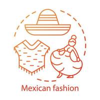 Mexican fashion concept icon. South American traditional clothes. Poncho, sombrero, woman in long dress idea thin line illustration. Vector isolated outline drawing. Editable stroke