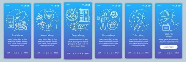 Allergy types onboarding mobile app page screen vector template. Food, animal, clothes, pollen allergies. Walkthrough website steps with linear illustrations. UX, UI, GUI smartphone interface concept