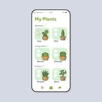 Houseplants care smartphone interface vector template. Mobile app page color design layout. Domestic plants watering reminder screen. Flat UI for application. Cacti in pots phone display